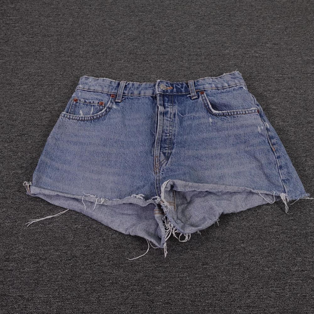 Zara Shorts Womens 10 Blue Denim High Rise Button Fly Cutoff Raw Hem Summer